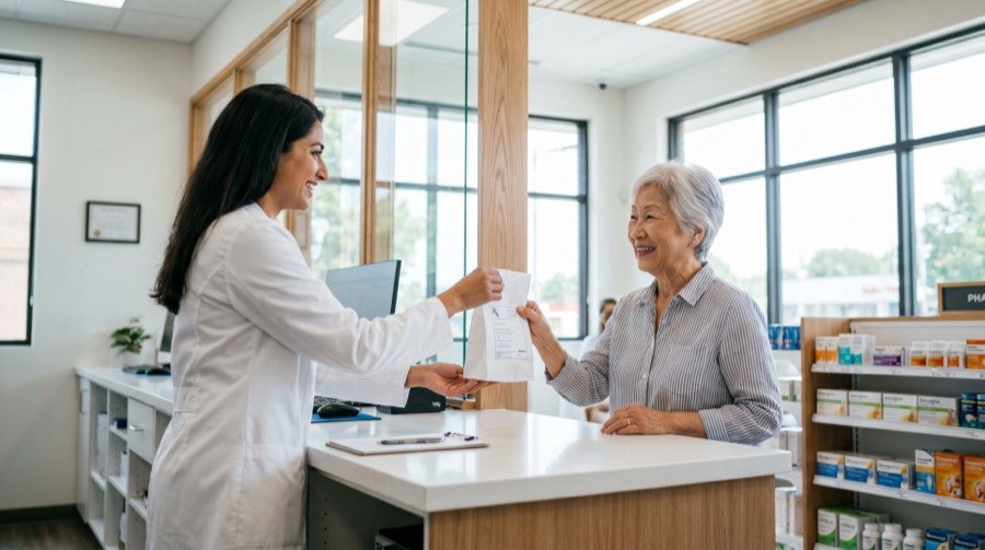 A pharmacist helping a member at the counter