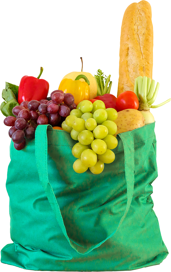 Fresh fruits and vegetables grocery product in green reusable shopping bag