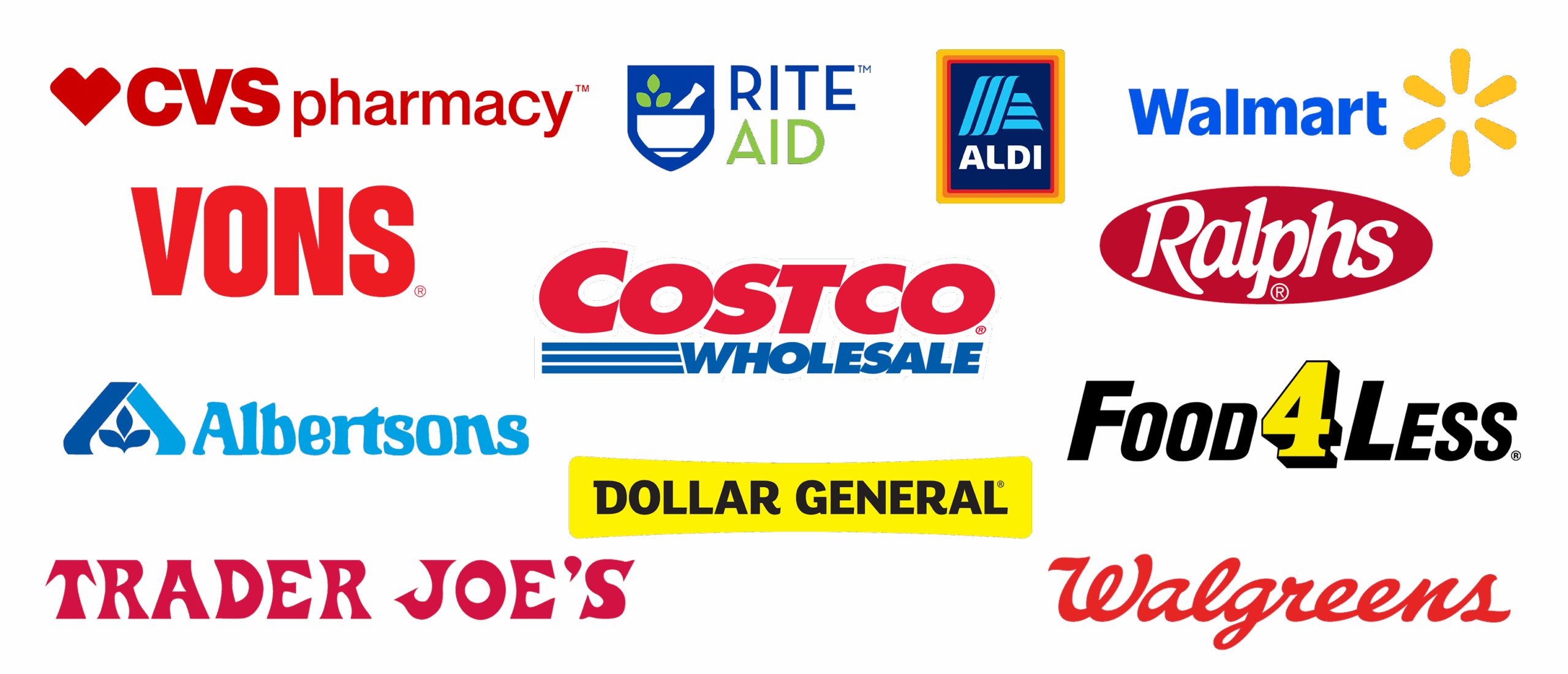 Collage of Participating Clever Care retailers including CVS Pharmacy, Rite Aid, Aldi, Walmarrt, Vons, Costco, Ralphs, Albertons, Food 4 Less, Dollar General, Trader Joes, and Walgreens