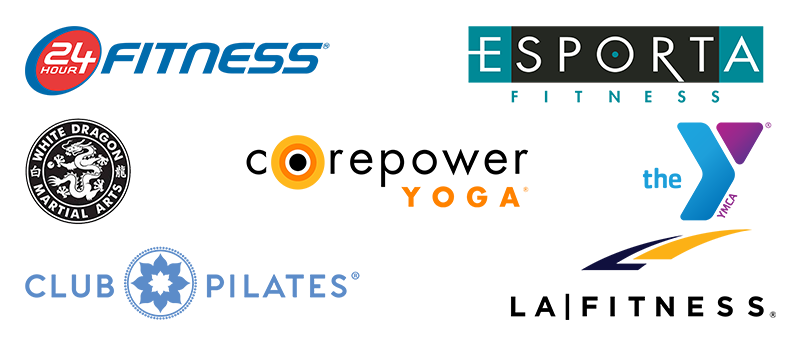 logos of fitness benefit providers including 24 hour fitness, L.A. Fitness, Esporta Fitness, Club Pilates, White Dragon Martial Arts, Corepower Yoga, and the YMCA
