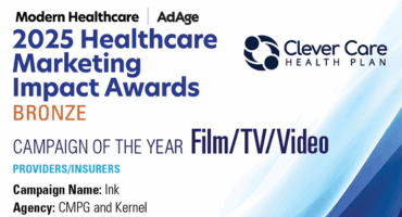 Clever Care Health Plan logo alongside Modern Healthcare and Ad Age logos, with the text "2025 Healthcare Marketing Impact Awards - Bronze Winner"