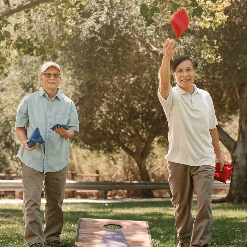 An older couple practicing tai chi outdoors