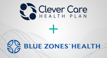 Clever Care Health Plan and Blue Zones logos on a stylized field of grey