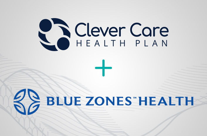 Clever Care Health Plan and Blue Zones logos on a stylized field of grey