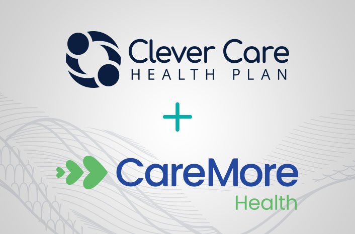 Clever Care Health Plan and CareMore logos on a stylized field of grey
